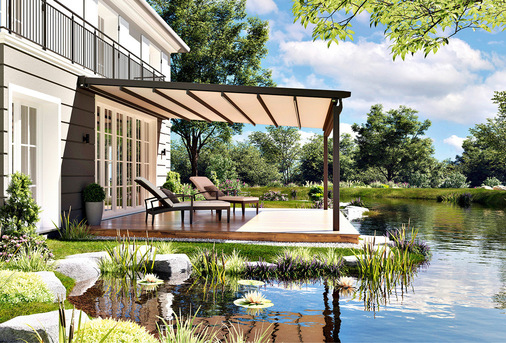 Die regenfeste Wetterschutz-Pergola ­Positano bietet Schutz für die Terrasse.