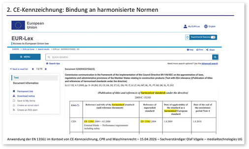 Auszug aus dem EU-Amtsblatt: Nur die dort gelistete EN 13561:2004 + A1:2008 (national EN 13561:2009) ist als harmonisierte Norm Grundlage für die CE-Kennzeichnung, neuere Fassungen sind hier nicht aufgeführt.