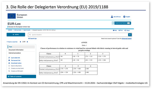 Darstellung der Delegierten Verordnung (EU) 2019/1188: Sie definiert die verbindlichen Windwiderstandsklassen und ergänzt damit die Anforderungen der EN 13561, und das maßgeblich in Kombination mit der harmonisierten Fassung EN 13561:2009 für die CE-Kennzeichnung.