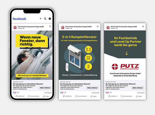 Carousel Ads für ­Meta-Kampagnen auf Facebook und Instagram bringen die „Level Up“-Lösung prägnant zu interessierten Endkunden. Per Klick gelangen sie auf eine personalisierte Landingpage – indi­viduell für das je­weilige Fensterunternehmen ­erstellt.
