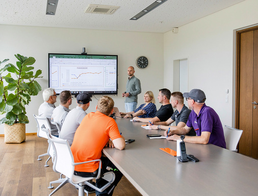 Die neue Struktur bietet viele Möglichkeiten für den gemeinsamen Austausch: regelmäßig finden Abteilungsleiter- und Teamleiterrunden statt, um Herausforderungen zu besprechen und Lösungsansätze zu finden. (im Bild u. a. Bereichsleiterin Finanzen & HR Manuela Pieniak und Bereichsleiter Produktion & Organisation Maik Hollweg)