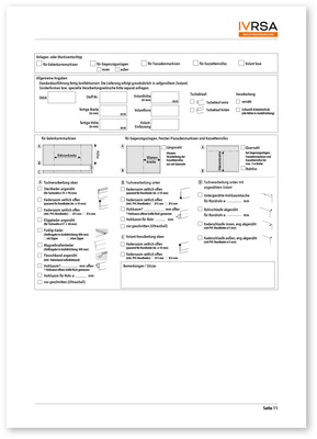 Formularseite des IVRSA zur Erfassung von Anlagentyp, Maßen und Tuchverarbeitung in Form einer Checkliste.