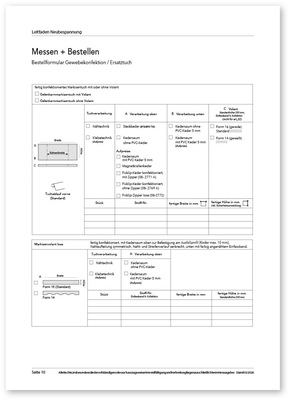 Nichts vergessen: Musterbestellblatt des IVRSA für Gewebekonfektion und Ersatztücher mit allen Maßangaben.