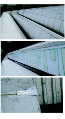 Kantholzweghalle:Trapezbleche und Rinnen des Daches, mit Sicherungsmaßnahme am äußersten, und am stärksten beschädigten Feld; unten im Bild Vorschäden an der Attika - © Dall
