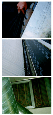 Knochenweghalle: 

Durchschläge durch Hagel im Bereich der Attika, Sicherungsmaßnahmen und Splitter der zerstörten PVC-Stegplatten in der Betonrinne und eine Innenansicht der Durchschläge