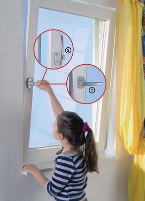 Mehr Sicherheit für Kinder: Alles, was über das Kipplüften (1) hinausgeht, kann nämlich nur derjenige tun, der den Schlüssel zum Entriegeln des Griffs in die Drehstellung besitzt. Erst dann lässt sich der Sperrmechanismus lösen, der Griff um 90° weiterschalten (2)