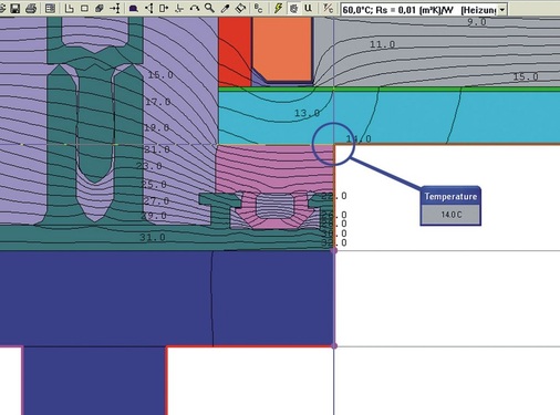 Bild 11: Isothermendarstellung einer Wärmebrücken­berechnung mit dem Programm THERM 5.2 [1] für den Randanschluss der Oberlichtverglasung (rechts) an die thermisch getrennte Metallkonstruktion (links) — hier für die Tem­pe­ra­tur der Rahmen­heizung RH = 60°C; unten ist das T-Profil aus Stahl zu er­kennen (blau), rechts zwischen den beiden pinkfarbigen Punkten wurde die Rah­men­heizung an­gesetzt