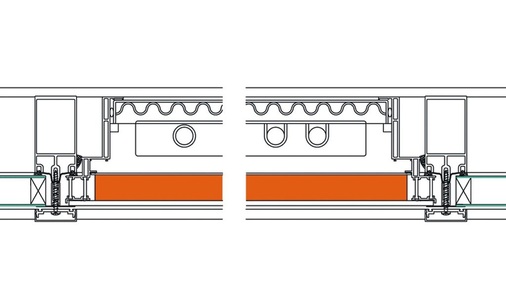 Wie der schematische Horizontalschnitt zeigt, lassen sich Vakuumpaneele (orange) ähnlich wie Isolierglaseinheiten in die Fassade einsetzen, wobei eine flächenbündige Fortsetzung der Verglasung möglich ist. - © Bild: Boetker Metall + Glas, Stur

