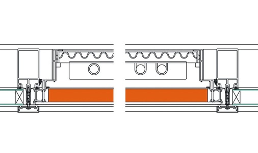 Wie der schematische Horizontalschnitt zeigt, lassen sich Vakuumpaneele (orange) ähnlich wie Isolierglaseinheiten in die Fassade einsetzen, wobei eine flächenbündige Fortsetzung der Verglasung möglich ist.