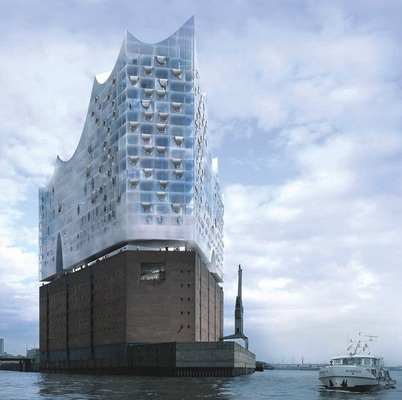 Hamburgs neues AntlitzDie Elbphilharmonie wird mit ihrer bedruckten und gebogenen Fassade weithin sichtbar sein und das Bild des Hamburger Hafens in Zukunft prägen.