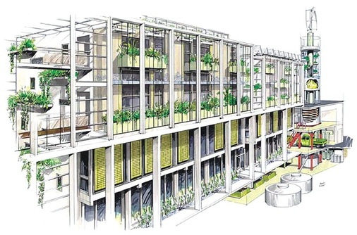 Neues Konzept: CO<sub>2</sub>-Speicher und Wasseraufbereitung integriert in einer ­doppelschichtigen Fassade<br />Skizze der abgedichteten Doppelfassade des Hotelteils im EVA Centre.
