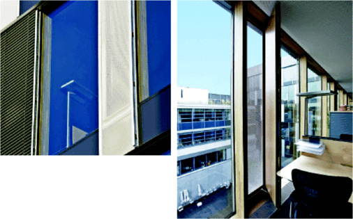 Schindler-Fassade (oben)Die Pfosten-Riegel-Konstruktion ist in Holz-Aluminium mit Eiche-Brettschichtholz ausgeführt.Bild rechts: In den Geschossen wurden raumhohe Drehflügel als Lüftungselemente mit vorgesetztem Aluminium-Lochblech eingesetzt.