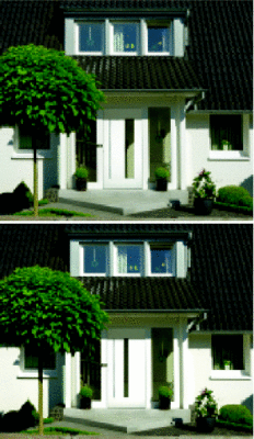 Beispiel zur Fassadenanalyse (01)Die symmetrisch gegliederte Fassade verlangt zusammen mit der symmetrischen dreigeteilten Türanlage eine Tür mit symmetrischem Design, d. h. einem Glasausschnitt in der Mitte (unteres Bild). Unser Auge nimmt ein asymmetrisches Türdesign sofort als „Störung“ im Gesamtbild wahr.