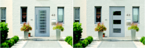 Harmonie oder Kontrast?<br />Im linken Beispiel wird das stehende schmale Format der Fenster auf das Design der Tür übertragen. Die Sandstrahlung im Glas nimmt Bezug zu den Klinkersteinen der Fassade. Die Gliederung des Eingangsbereichs gibt die symmetrische Teilung der Tür vor. Die Haustür wirkt passend zu der Formensprache des Hauses. Beim rechten Beispiel bleibt zwar die symmetrische Aufteilung der Tür, aber die Ausrichtung der Glasausschnitte ist geändert und somit der Gesamteindruck. Das Bild der sonst vertikal gegliederten Fassade wird bewusst durch die liegenden Formate der Glasausschnitte durchbrochen. Der Formen-Kontrast bewirkt, dass die Tür stärker als eigenes Element wirkt.