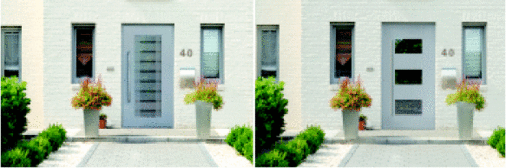 Harmonie oder Kontrast?Im linken Beispiel wird das stehende schmale Format der Fenster auf das Design der Tür übertragen. Die Sandstrahlung im Glas nimmt Bezug zu den Klinkersteinen der Fassade. Die Gliederung des Eingangsbereichs gibt die symmetrische Teilung der Tür vor. Die Haustür wirkt passend zu der Formensprache des Hauses. Beim rechten Beispiel bleibt zwar die symmetrische Aufteilung der Tür, aber die Ausrichtung der Glasausschnitte ist geändert und somit der Gesamteindruck. Das Bild der sonst vertikal gegliederten Fassade wird bewusst durch die liegenden Formate der Glasausschnitte durchbrochen. Der Formen-Kontrast bewirkt, dass die Tür stärker als eigenes Element wirkt.