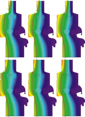 Grafik 1: Temperaturverteilung bei einer StandardkonstruktionVerglasung Ug = 1,1 bzw. 0,7 W/(m²K), jeweils mit Abstandhalter Alu (l.), Edelstahl (m.) und Kunststoff (r.). Außen 0 °C, innen 20 °C, rot eingezeichnet ist die Taupunktisotherme (relative Luftfeuchtigkeit innen 65 Prozent).