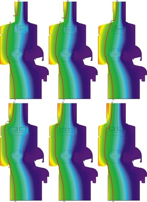 Grafik 1: Temperaturverteilung bei einer Standardkonstruktion<br />Verglasung U<sub>g</sub> = 1,1 bzw. 0,7 W/(m²K), jeweils mit Abstandhalter Alu (l.), Edelstahl (m.) und Kunststoff (r.). Außen 0 °C, innen 20 °C, rot eingezeichnet ist die Taupunktisotherme (relative Luftfeuchtigkeit innen 65 Prozent).