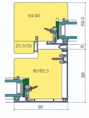 Horizontalschnitt MittelpartieMit einer Ansichtsbreite von nur 90 mm wirkt die Konstruktion sehr schlank.