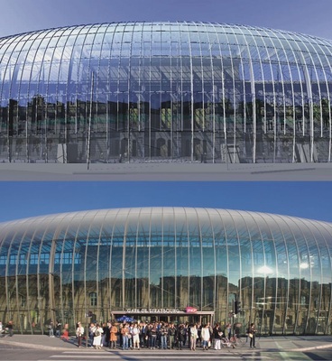 01 Laminationsbiegen ermöglicht eine sehr hohe Transparenz<br />Die Simulation (oben) und das Realisierungsfoto der Fassade des Straßburger Bahnhofs im Vergleich zeigen, wie planbar das optische Ergebnis ist.