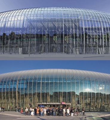 01 Laminationsbiegen ermöglicht eine sehr hohe TransparenzDie Simulation (oben) und das Realisierungsfoto der Fassade des Straßburger Bahnhofs im Vergleich zeigen, wie planbar das optische Ergebnis ist.