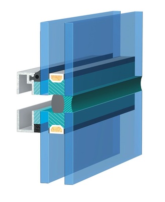 Schnitt durch eine ­SG-Fassade<br />Das Beispiel einer geklebten Kons­truktion mit bündigen, stufenlosen Isoliergläsern, verklebt auf Position 4. Der UV-beständige Silikon-Randverbund ist statisch tragend ausgebildet.