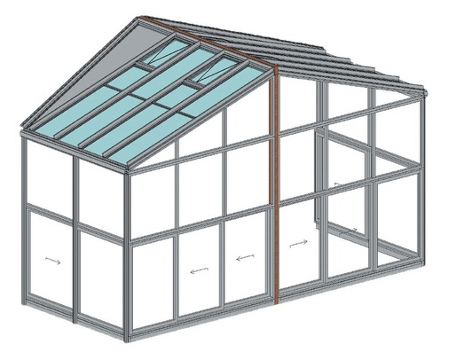 WintergartendetailsMaße: Grundfläche 45 m², Vertikal­verglasung 80 m², Breite 8,90 m, Dachtiefe 6 m, Höhe 6,3 m. Dach- und Unterbaukonstruktion: Aluprofile mit Wärmeschutzverglasung (Ug 1.1 W/m²K)