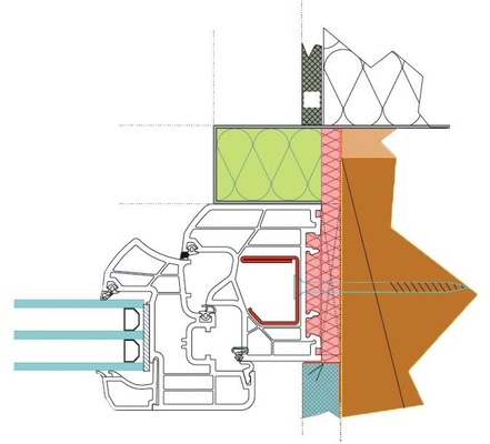 Anschlussdetail Fenster<br />Hier wurden Fenster vom Typ Internorm „Edition Plus” (geklebt mit Sika) und Dreifach-Verglasung eingebaut. Auf das Profil wurde ­eine zusätzliche Dämmschale geklebt. Diese dient gleichzeitig als Befestigung für den Sonnenschutz.