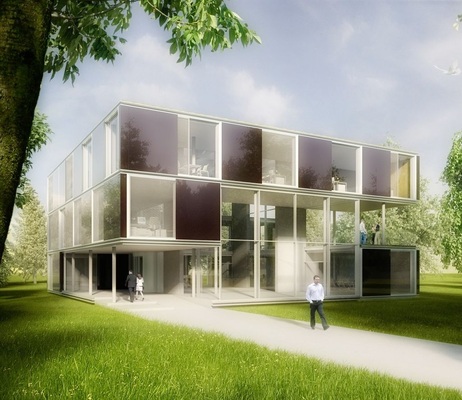 Vorzertifikat „Gold“ des DGNB<br />Schüco Bürogebäude 2 ° Cube. Architekt: FAT Forschung Architektur Technik Prof. Andreas Fuchs