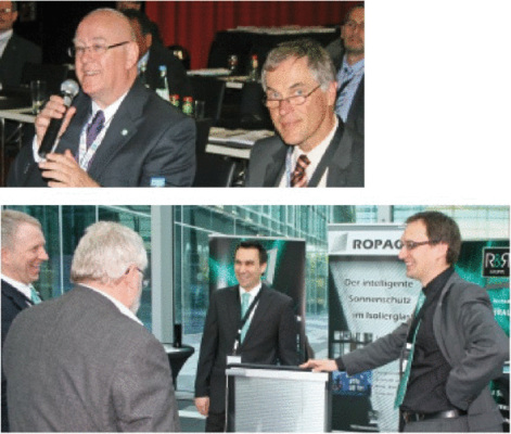 Reger Austausch im Saal und im Foyer<br />Reinhard Cordes (li.) in der Diskussion mit den Referenten. Bei der Fachausstellung konnten die Besucher sich über neue Produkte austauschen (u.).