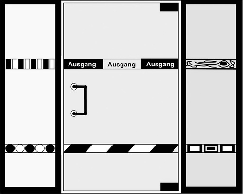 Schematische Darstellung von Sicherheitsmarkierungen an Glastüren.