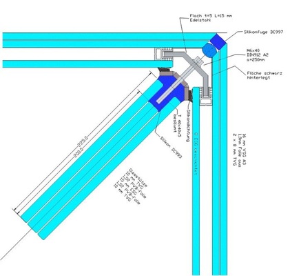 Konstruktionszeichnung einer Ganzglasecke mit einer gläsernen Stütze im Innenraum.