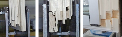 Bild 3: Bruchbilder: links ungenügender Klebstoffauftrag, Mitte Holz-Alu mit einseitigem Querschnitt, rechts IV-Fenster mit erwartetem Bruchbild.