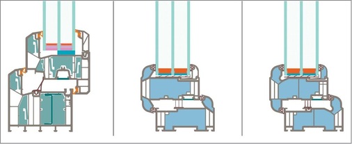 02: Links: Vielkammerprofil mit 8 Einschieblingen: Profine System_88mm „Passivhaus“; Mitte und rechts: Ausgeschäumter Rahmen: Muster Joinery PassiV Future Proof in der ersten und der aktuellen Version mit zusätzlichen „Zugstegen“.