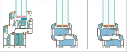 02: Links: Vielkammerprofil mit 8 Einschieblingen: Profine System_88mm „Passivhaus“; Mitte und rechts: Ausgeschäumter Rahmen: Muster Joinery PassiV Future Proof in der ersten und der aktuellen Version mit zusätzlichen „Zugstegen“. - © Passivhaus Institut
