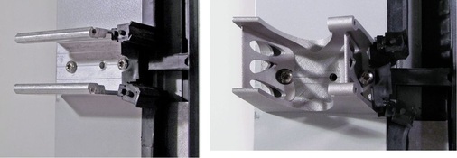 Links ist ein herkömmlicher Fassadenverbinder zu sehen. Das rechte Bild zeigt den komplexeren Verbinder, der im Additiv Manufacturing Verfahren im Rahmen eines Forschungsprojekts hergestellt wurde.