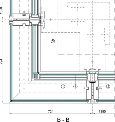 Horizontalschnitt durch die Fassadenecke: VSG (1), Aluminium-Profil (2), Fassadenbefestigung (3)