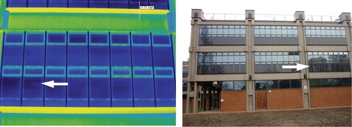 Bei dieser Fassade eines Verwaltungsbaus der Birmingham University kommen im unteren Teil der Isolierverglasung eingebettete hochwärmedämmende Vacuum Insulating Panels (VIP) zum Einsatz: die Pfeile im Foto und im Wärmebild zeigen eingebaute VIP.