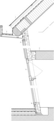 Der Schnitt durch die Fassade: Solar­paneele (1), 3-Schicht­platte, Abdichtung, Folie (2), ­Lamellen aus Aluminium, Sandwich­profil, Stahl­profil ­verschweißt (3), ­Betondecke (4), Öffnungsflügel mit 3-fach-ISO (5), Deckleiste Aluminium (6).