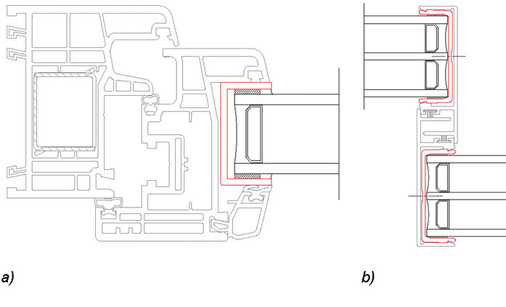 Bild 3: a) Beispiel der Verklebung zur Verstärkung ­eines PVC-Fensters (Swiss Window iQ); b) Fenstersystem (Vitrocsa TH +, Orchidées constructions SA) mit Verklebung eines Glasrahmenprofils.