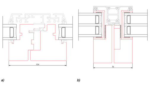 Bild 5: a) Horizontalschnitt des Mittelteils eines Holz-/Metall-Fensters der neuesten Generation. b) Horizontalschnitt des Mittelteils eines Fensters mit verklebtem Isolierglas.