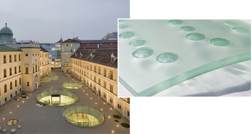 Großformatige, gebogene und laminierte Spezialscheiben (oben im Detail) sind eine der vielen Spezialitäten von SFL. Im Grazer Joanneumsviertel (links und großes Bild) kommen gebogene Spezialgläser des Herstellers zum Einsatz, die als Lichtkegel dienen.