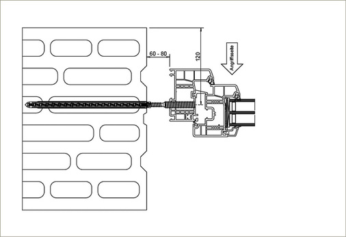 Schematische Darstellung der für die Versuche gewählten Montageart und der verwendeten AMO Combi-Schraube 7,5/11,5 mm mit Kunststoffdübel W-UR XXL mit Lage innerhalb des Fensterprofiles und des Steins.