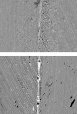 Mikroskopaufnahmen einer unbenutzten beschichteten Schneide (oben) und einer benutzten beschichteten Schneide (unten).