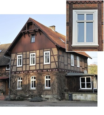 Historisches Rittergut in Kassel: In den 1970er Jahren wurden große „­unhistorische“ Fenster eingesetzt, die nach und nach durch moderne und mit der Denkmalschutzbehörde abgestimmte PVC-Fenster ausgetauscht wurden.