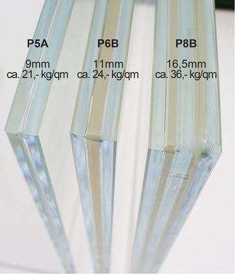 Diese drei Gläser zeigen den sehr dünnen Aufbau mit ­Verbundfolie, für die wichtigsten Widerstandsklassen ­gegen Durchwurf und Durchbruch.