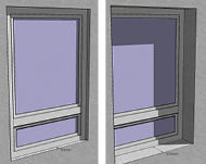 <p>
Bild 4 (ganz links): Solarsimulation für ein Fenster auf einer Westfassade im April am frühen Nachmittag. Leibungstiefe: 50 mmBild 5: Solarsimulation beim gleichen Sonnenstand und einer Leibungstiefe von 200 mm.
</p>