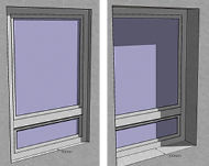 
Bild 4 (ganz links): Solarsimulation für ein Fenster auf einer Westfassade im April am frühen Nachmittag. Leibungstiefe: 50 mmBild 5: Solarsimulation beim gleichen Sonnenstand und einer Leibungstiefe von 200 mm.
