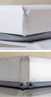 
Bild 5: Gegenüberstellung der Dichtwirkung im Eckbereich (oben: EPDM und unten: TP).
