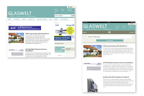
glaswelt.de auf dem Tablet: Entweder in der horizontalen Ansicht – dann ist die Menüleiste voll sichtbar (oben) oder in der vertikalen Ansicht – dann wird die Menüleiste optimal verdichtet (rechts).

