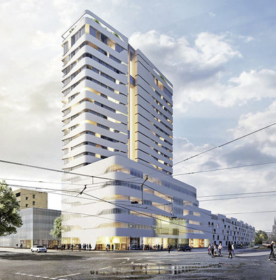 
Nach Norden ist die Fassade des Wohnturms deutlich geschlossener als auf der Südseite (großes Bild).
